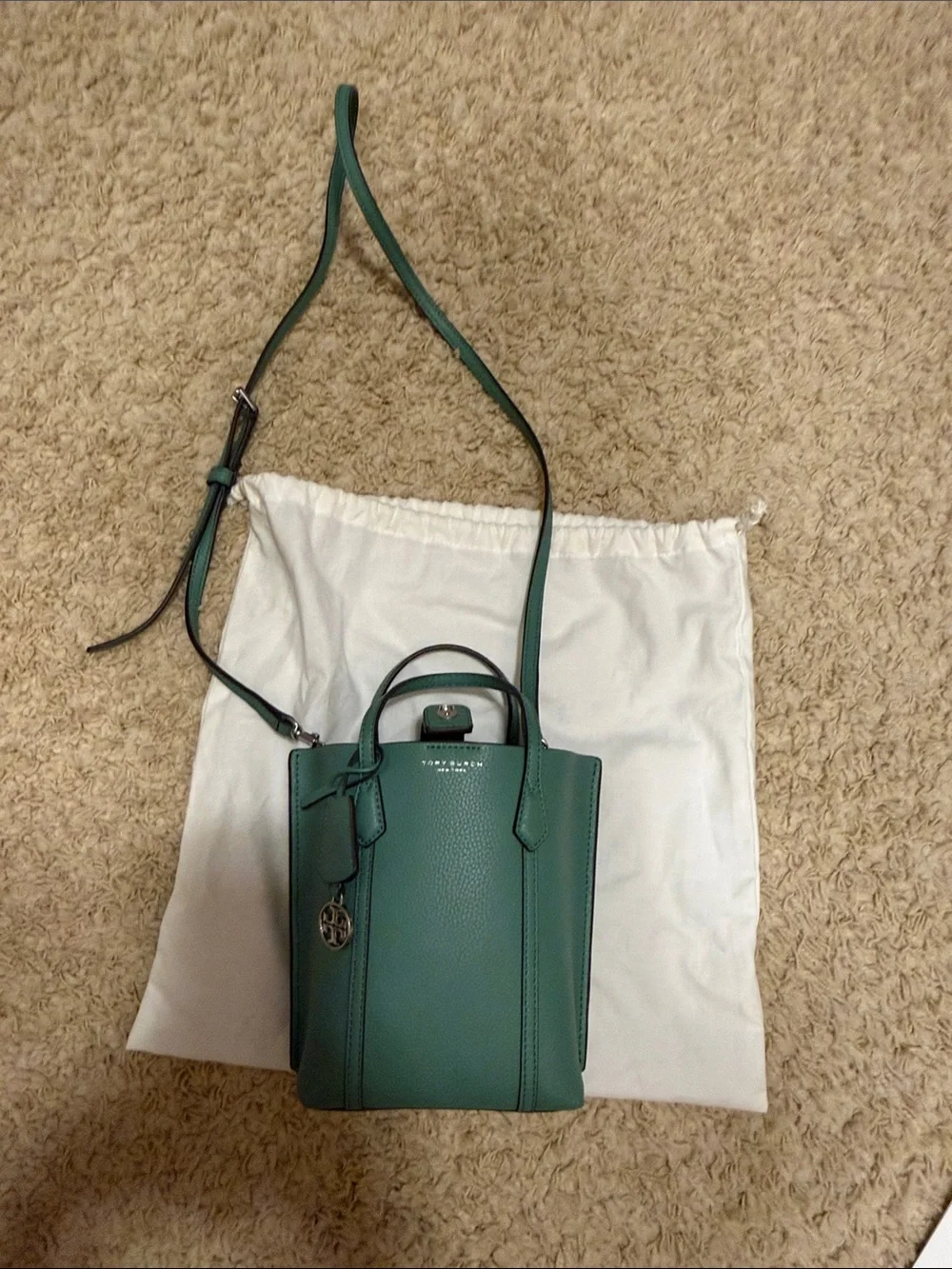 Tory Burch Teal Green Pebble Leather Crossbody Tote